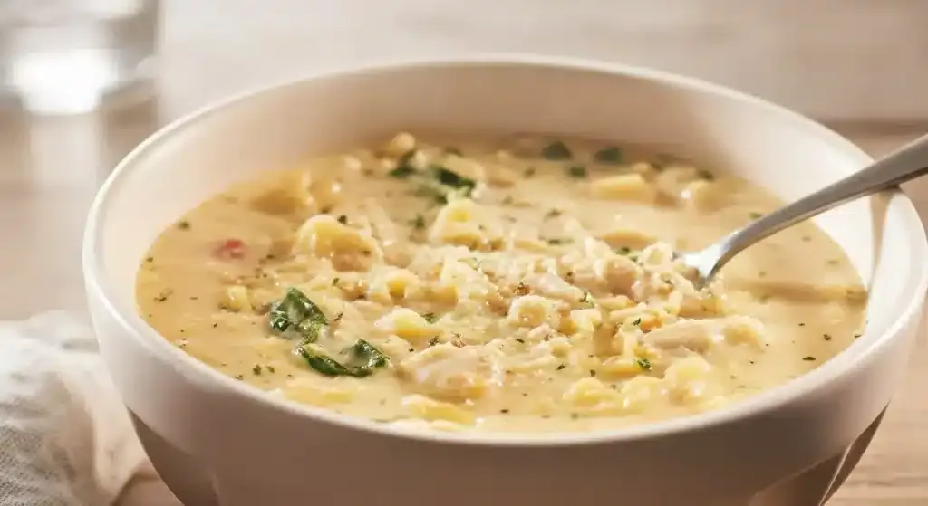 Bowl of creamy white lasagna soup with sausage, pasta, and spinach