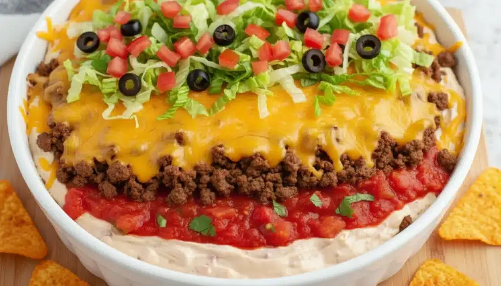 Top-down view of 15-Minute Doritos Dip in white dish with toppings
