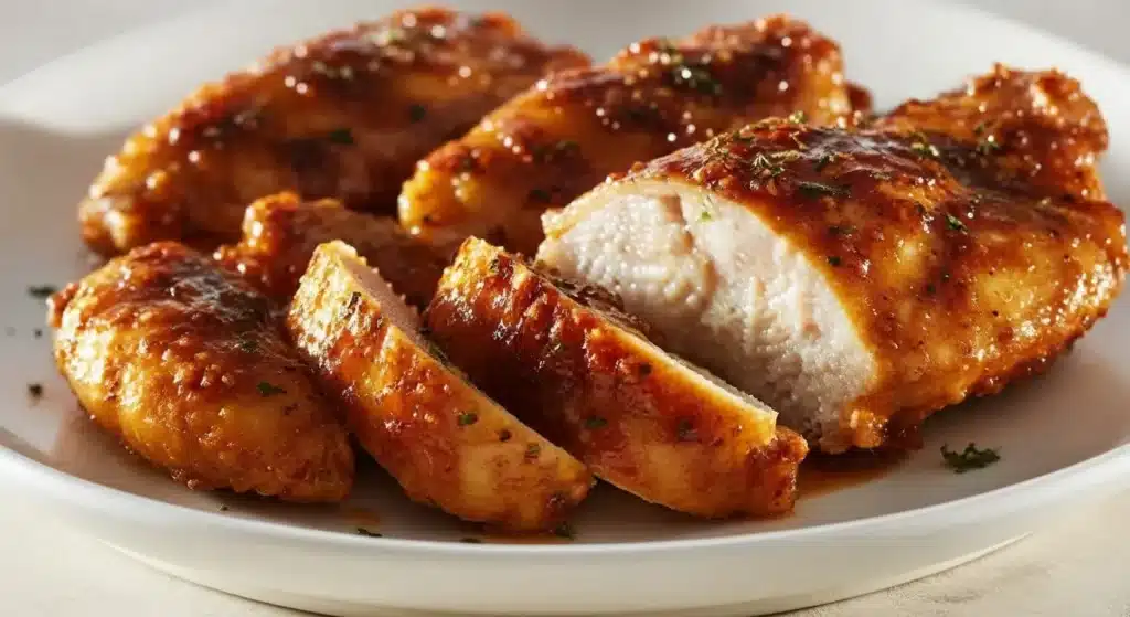Juicy air fryer maple glazed chicken breast sliced on a plate