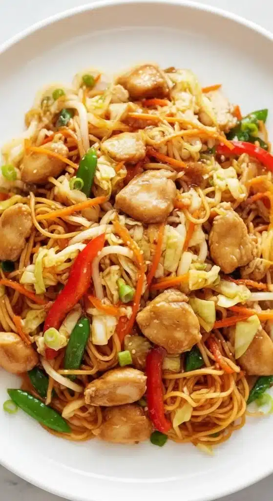 Close-up of chicken lo mein with vibrant bell peppers and snap peas