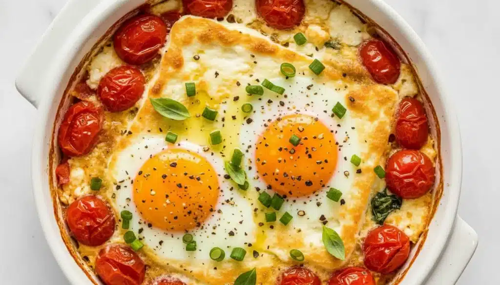 Baked feta eggs with runny yolks and roasted cherry tomatoes in a dish