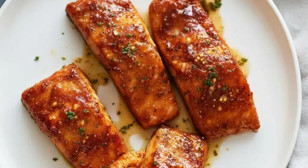 Glazed baked honey garlic salmon fillets with golden caramelized tops
