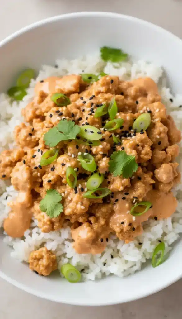 Bang Bang ground turkey rice bowl topped with sauce and green onions