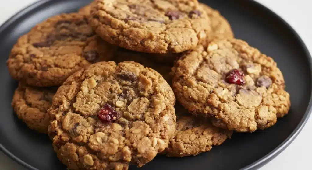 Close-up of big chewy oatmeal cookies with golden crispy edges