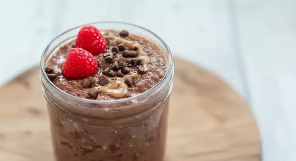 Chocolatey brownie batter overnight oats topped with berries