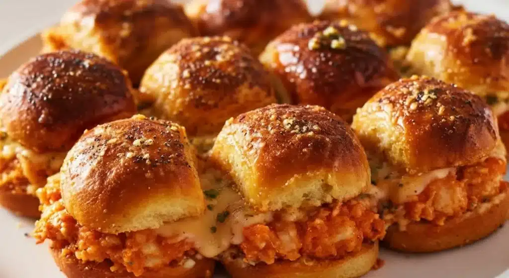 Tray of baked buffalo chicken sliders with melted provolone cheese