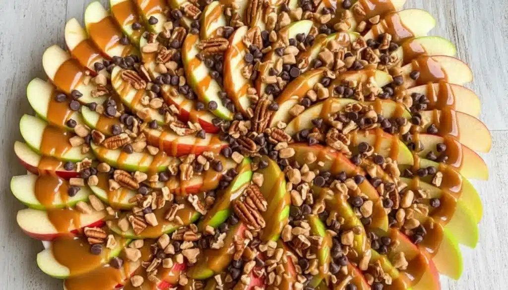Crisp apple nachos drizzled with caramel and chocolate, topped with peanuts and M&M’s