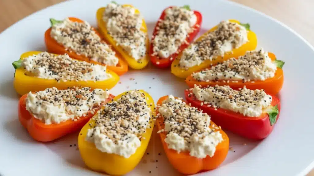 Colorful mini peppers stuffed with creamy cheese and bagel seasoning