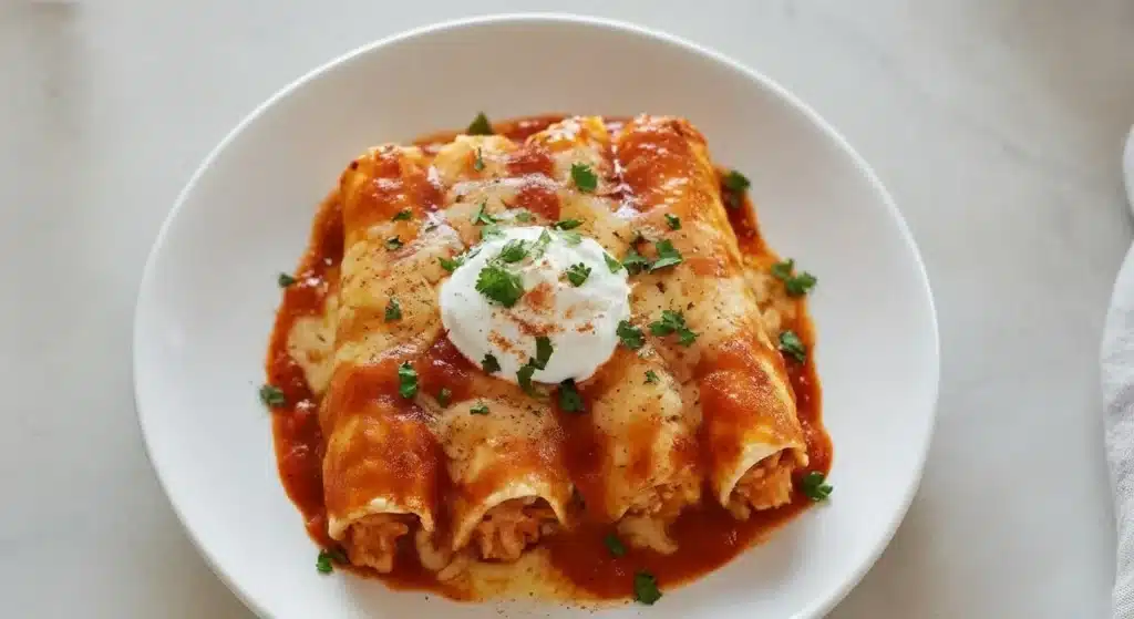 Chicken enchiladas baked with melted cheese and red enchilada sauce