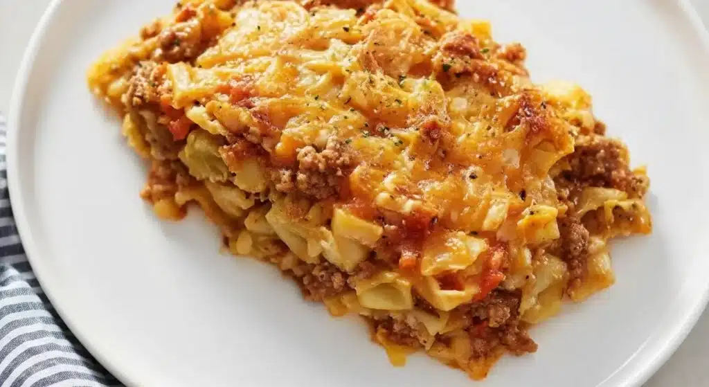 Cheesy cabbage casserole with tender layers and golden melted cheddar