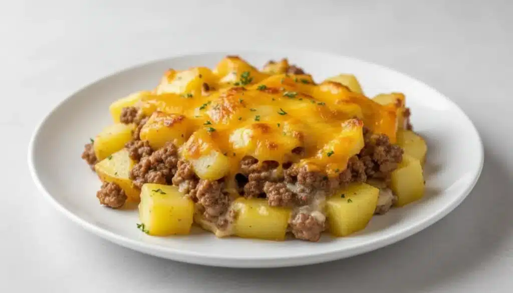 Golden cheesy hamburger potato casserole baked until bubbly