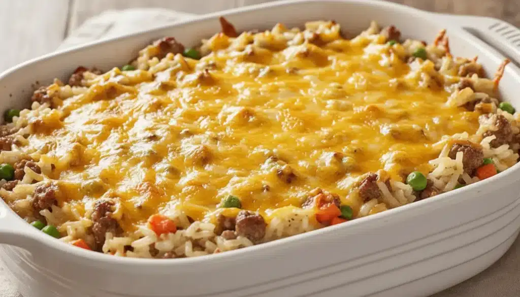 Golden baked cheesy hamburger rice casserole in a glass baking dish