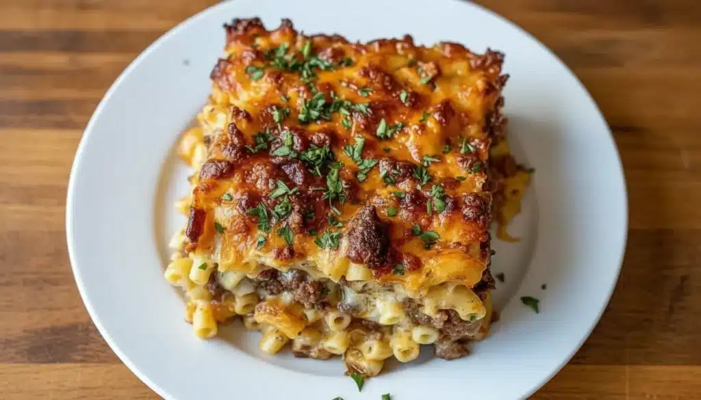 Golden mac and cheese meatloaf casserole baked in a 9x13 dish
