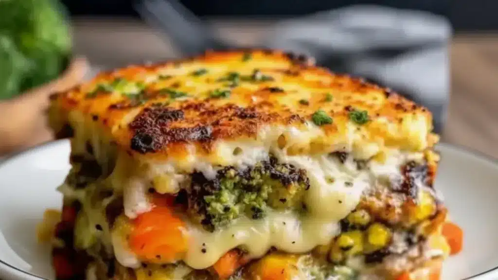 Baked cheesy vegetable casserole with golden breadcrumb crust