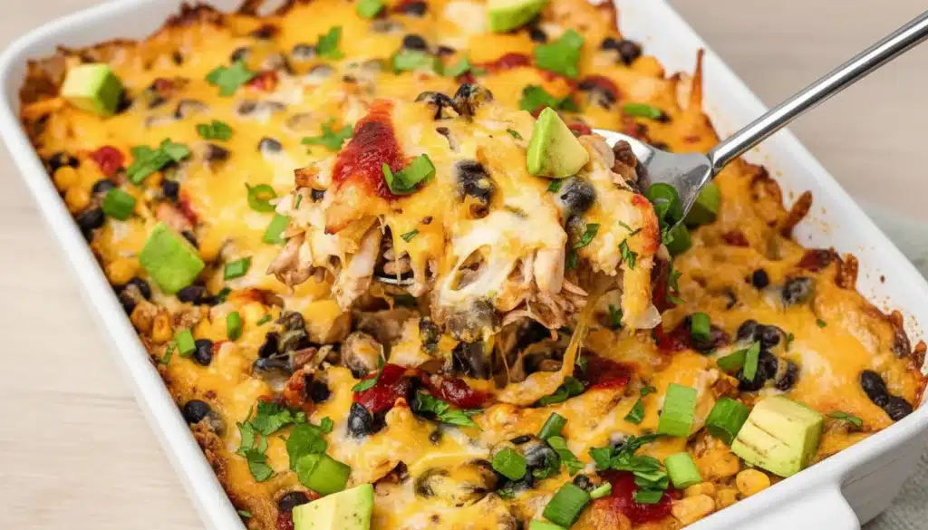 Baked chicken burrito casserole topped with golden melted cheese