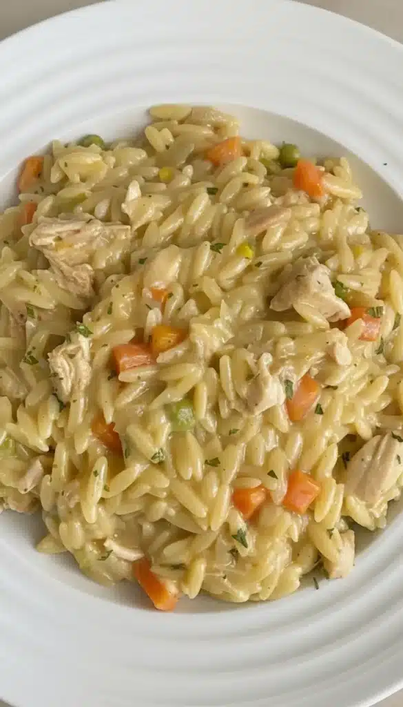 Creamy chicken pot pie orzo in a pot with tender chicken and vegetables