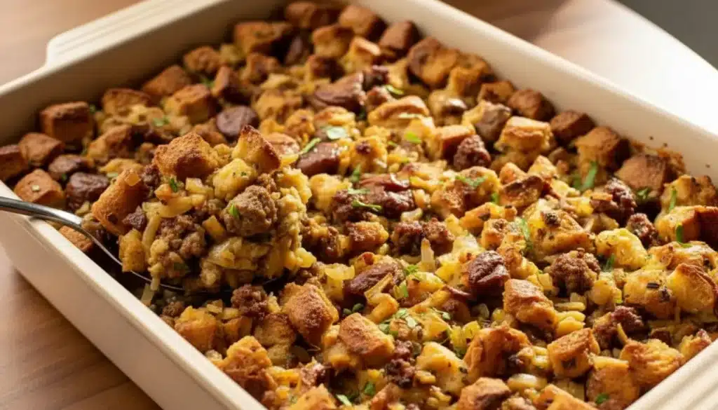 Golden-baked chicken sausage stuffing in a casserole dish