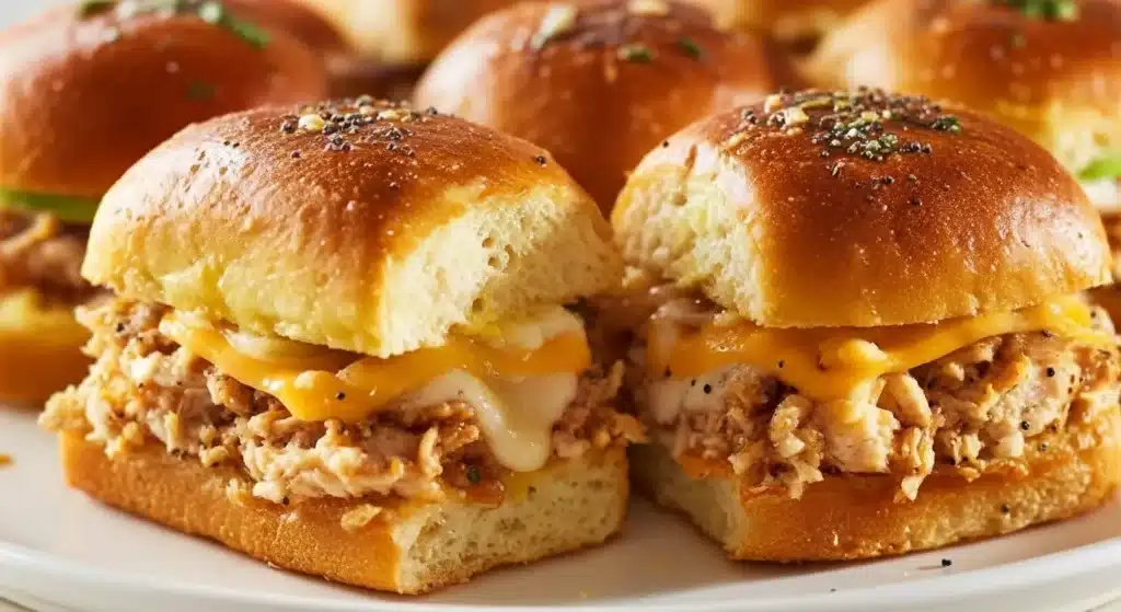 Golden chicken sliders with rotisserie chicken and melted cheese