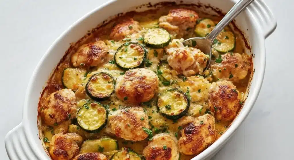 Golden Chicken Zucchini Bake topped with mozzarella and Parmesan