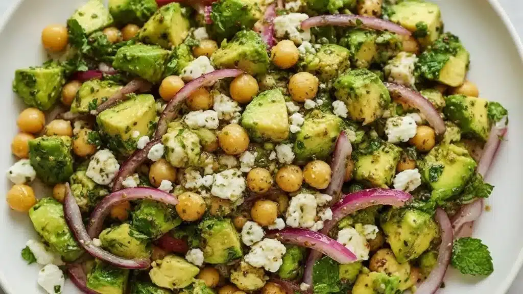 Colorful Chickpea Feta Avocado Salad with tomatoes and herbs