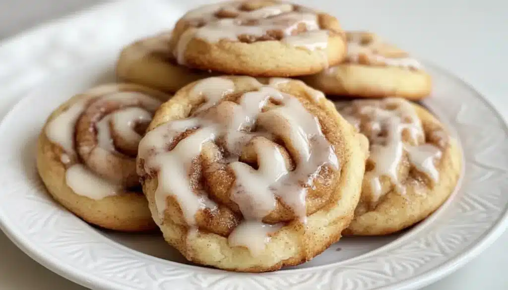 Soft cinnamon roll cookies topped with cream cheese frosting