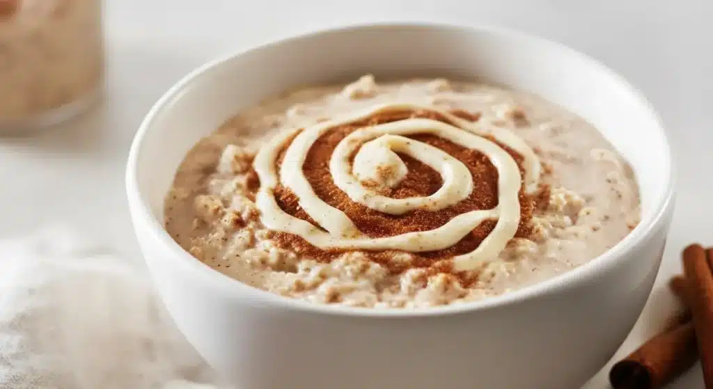 A jar of cinnamon roll overnight oats topped with a creamy swirl