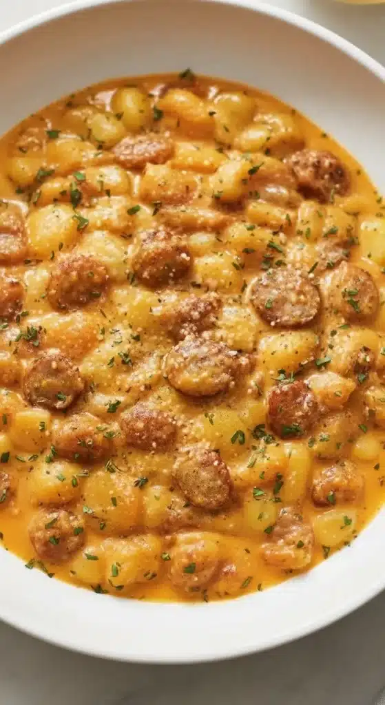 Creamy butternut squash gnocchi with chicken sausage in sage cream sauce