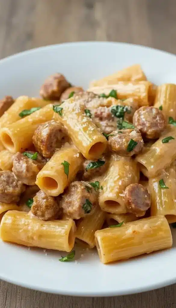 Close up of rigatoni pasta coated in creamy tomato sausage sauce