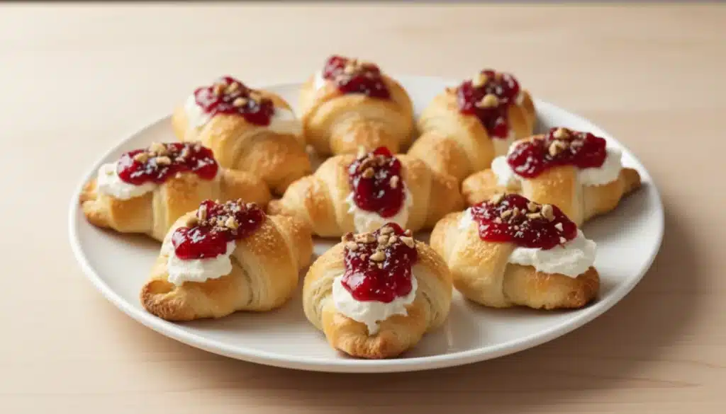 Golden cranberry cream cheese crescent bites on white platter