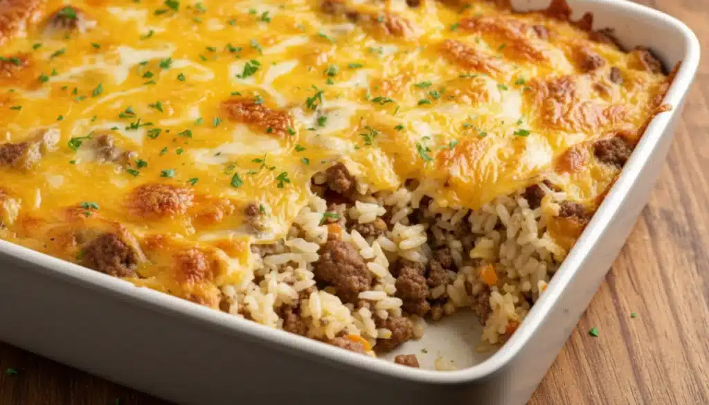 Golden cheesy ground beef casserole baked with rice and peppers