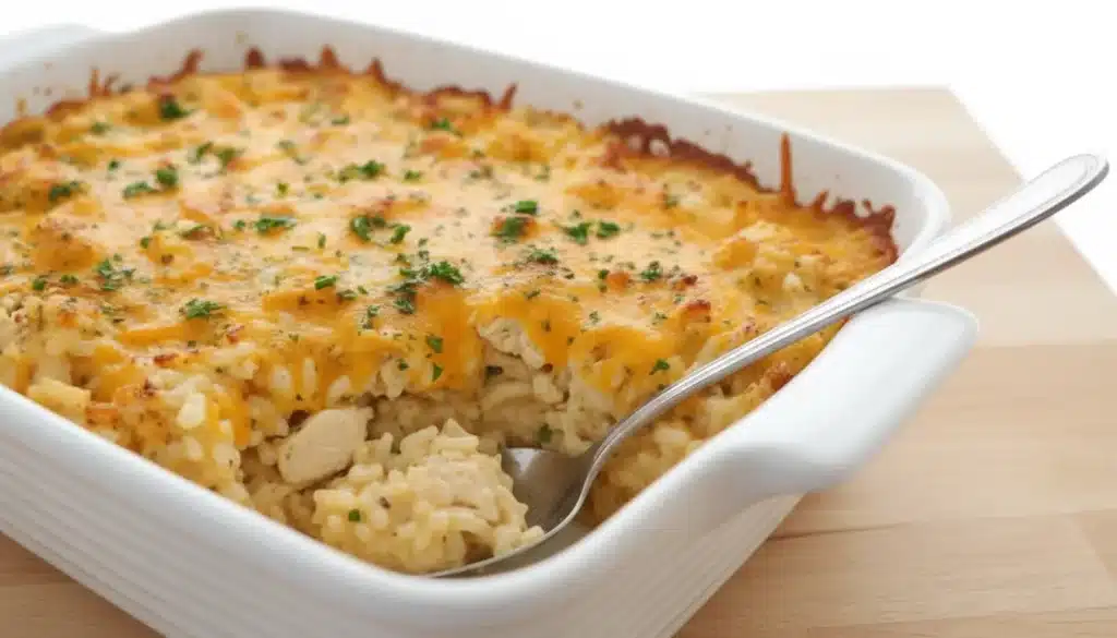 Creamy chicken rice casserole topped with melted cheddar cheese