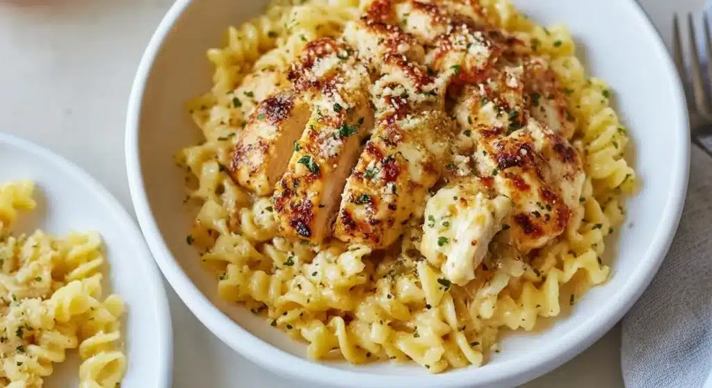 Creamy garlic parmesan chicken with cheesy twisted pasta