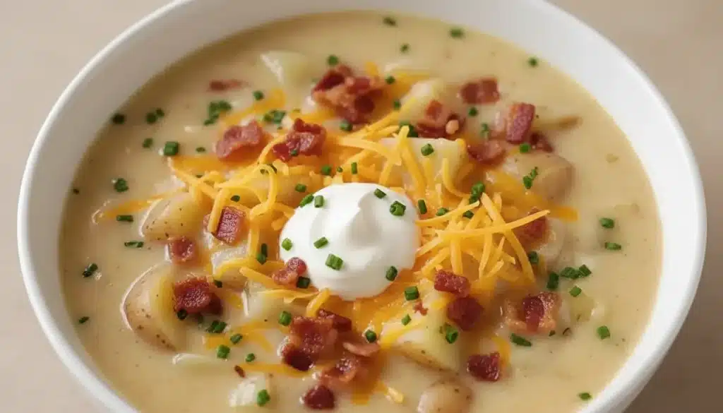Bowl of creamy potato soup topped with cheddar and chives