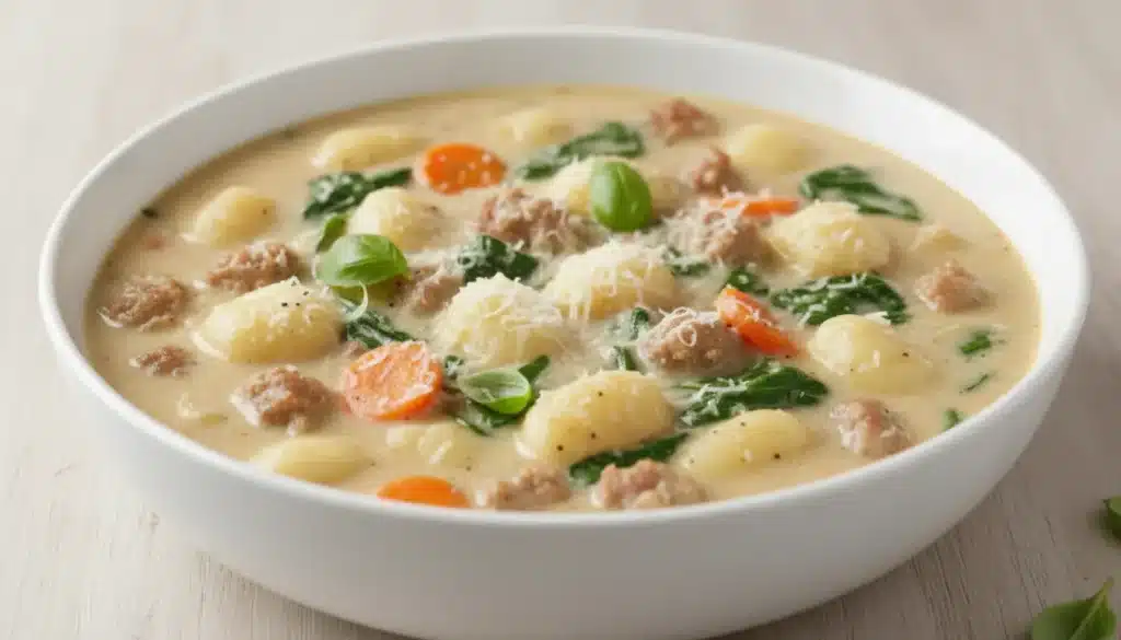 Creamy Italian sausage gnocchi soup with spinach and Parmesan