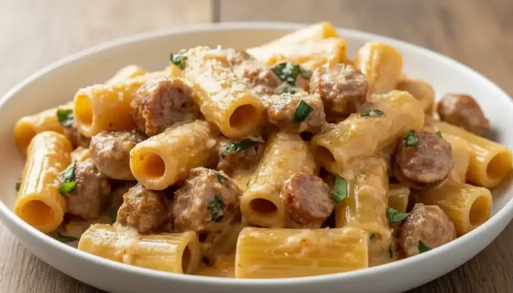 Creamy Italian sausage rigatoni pasta topped with Parmesan and basil