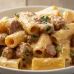 Creamy Italian sausage rigatoni pasta topped with Parmesan and basil