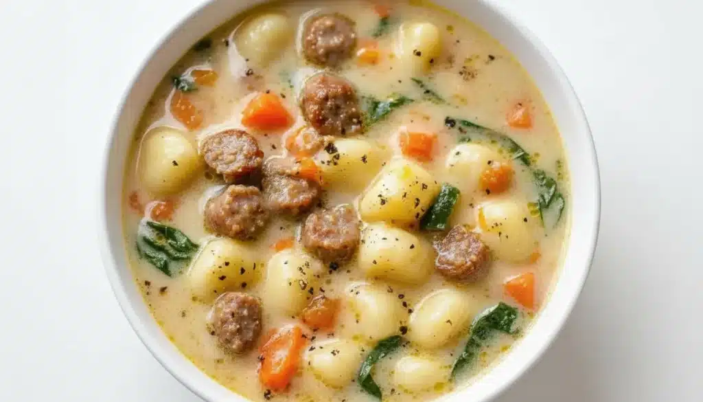 Warm bowl of creamy sausage gnocchi soup with spinach and Parmesan