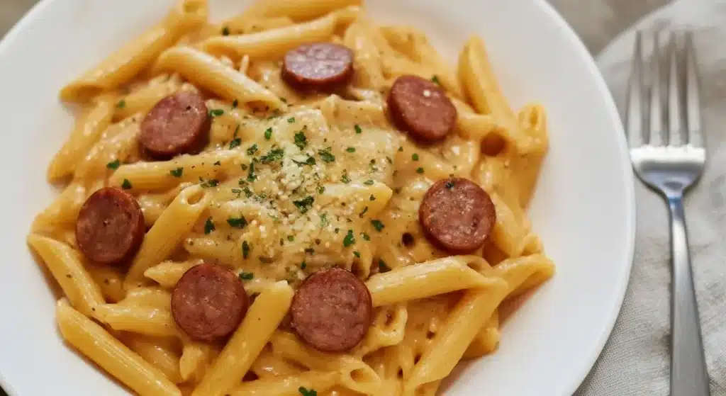 Bowl of creamy smoked sausage pasta with spinach and Parmesan