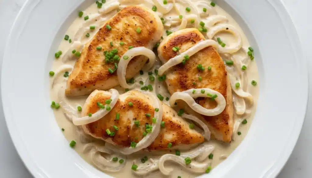 Skillet of sour cream and onion chicken topped with fresh chives