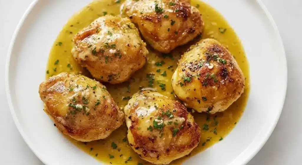 Crispy Bobby Flay chicken thighs with golden skin and parsley garnish