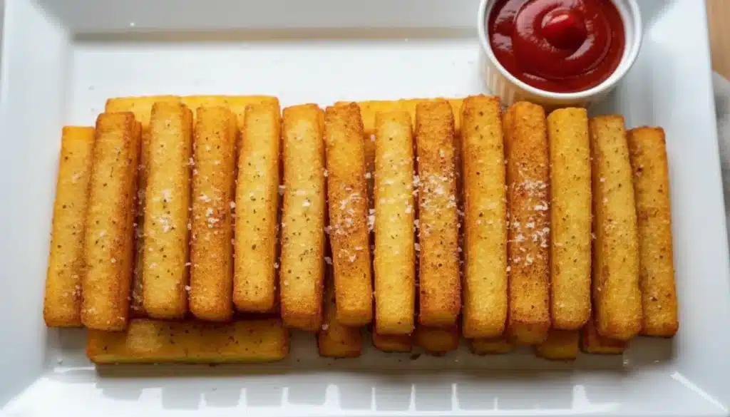 Golden crispy potato finger sticks served on a white plate