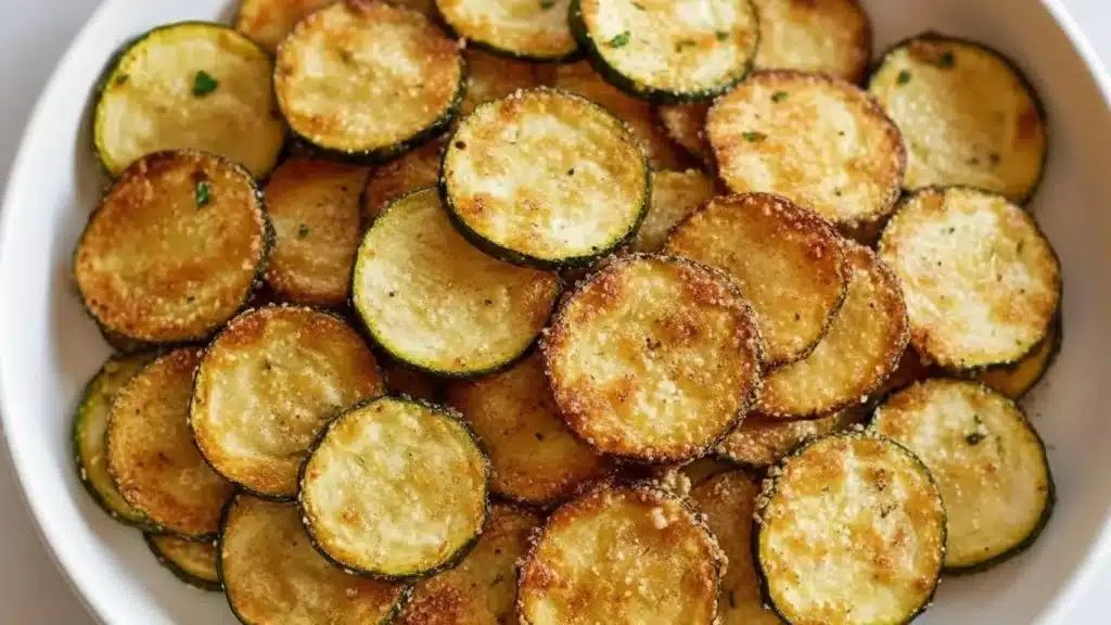 Golden crunchy zucchini chips coated in Parmesan and panko