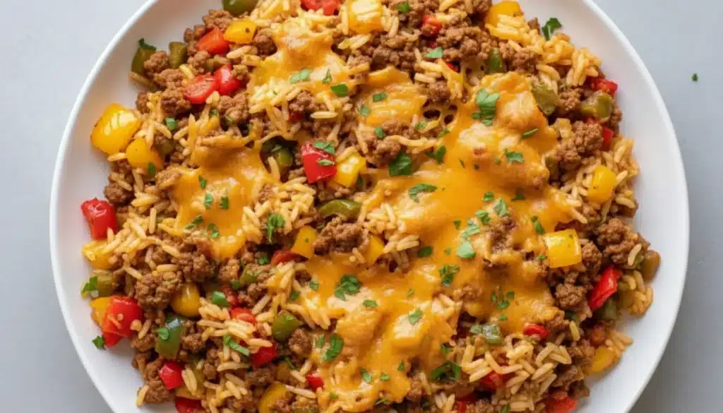 Skillet of deconstructed stuffed peppers with rice, beef, and melted cheese