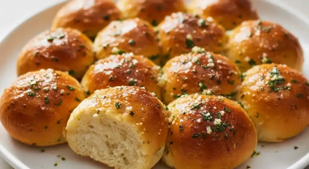 Homemade garlic bread rolls served warm with melted butter and herbs