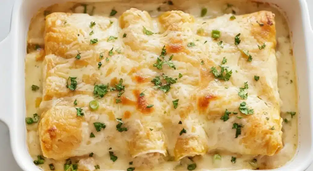 Close-up of extra creamy white chicken enchilada with melted Monterey Jack