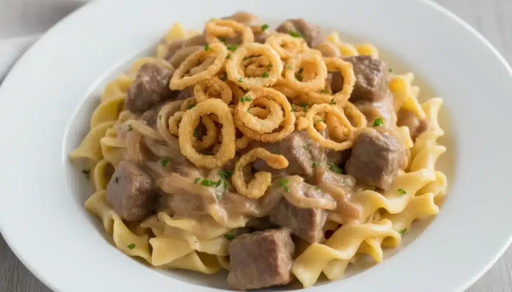 Creamy French onion beef and noodles in a skillet
