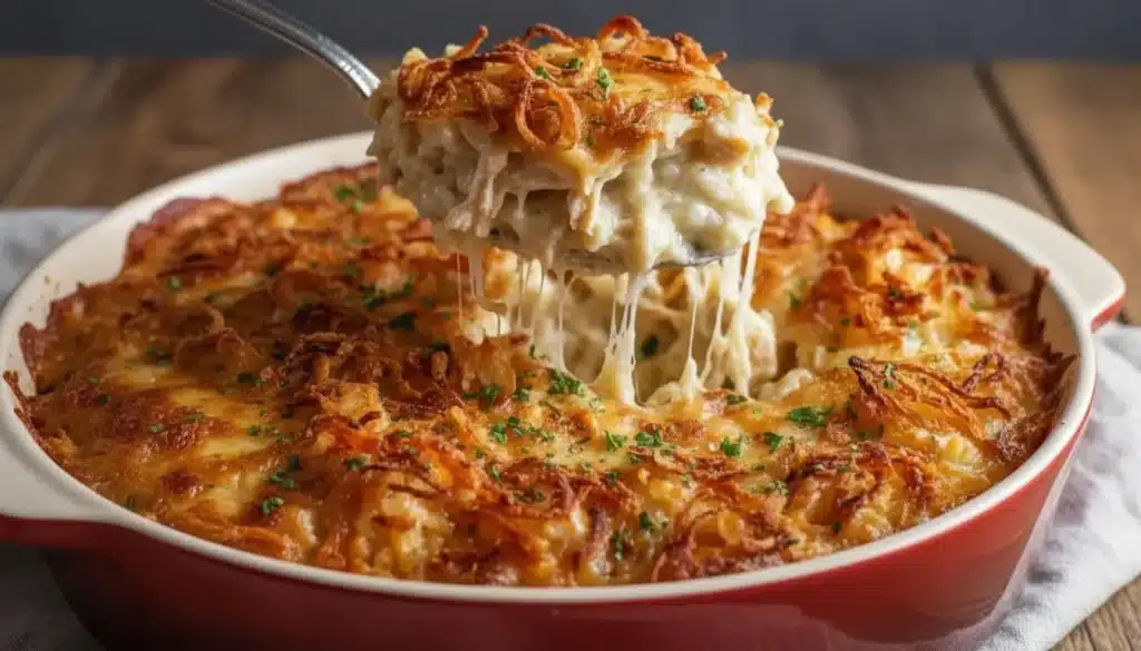 Close-up of baked French Onion Chicken Rice Casserole with melted cheese