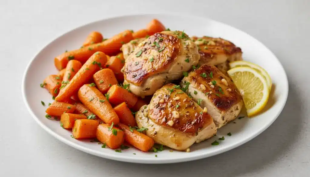 Golden roasted chicken thighs and carrots with fresh herbs