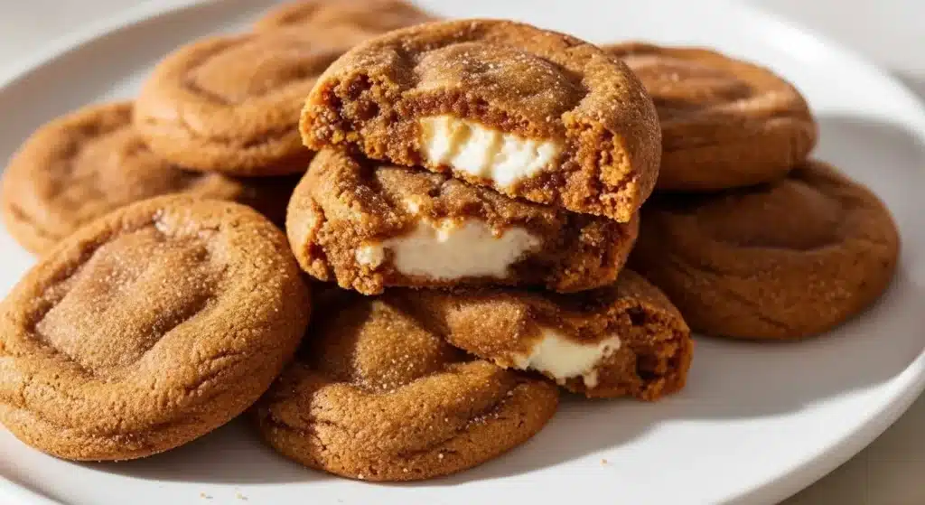 Close view of chewy gingerbread cookies with creamy cheesecake centers