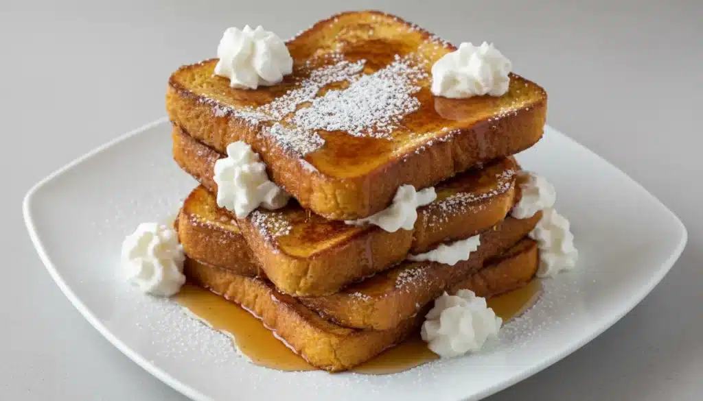 Stack of pumpkin French toast with syrup and whipped cream
